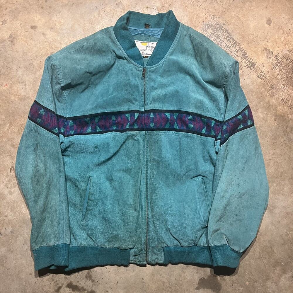 Vintage 80s Mesa Ridge Blue Aztec Western Bomber Jacket